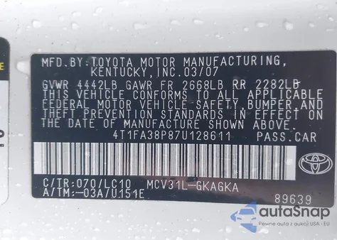2007 Toyota Camry Solara Sle z USA, uszkodzony, nr VIN 4T1FA38P87U128611